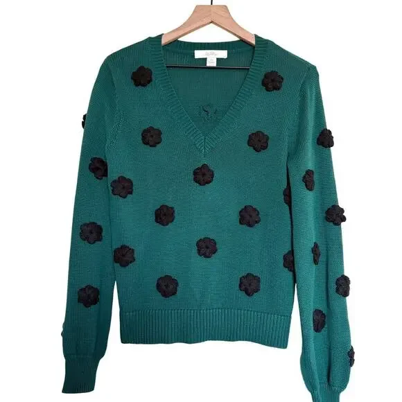 Lilly Pulitzer Green Sweater XS Pom Appliqué 3D Knit Holiday Winter skandigirl